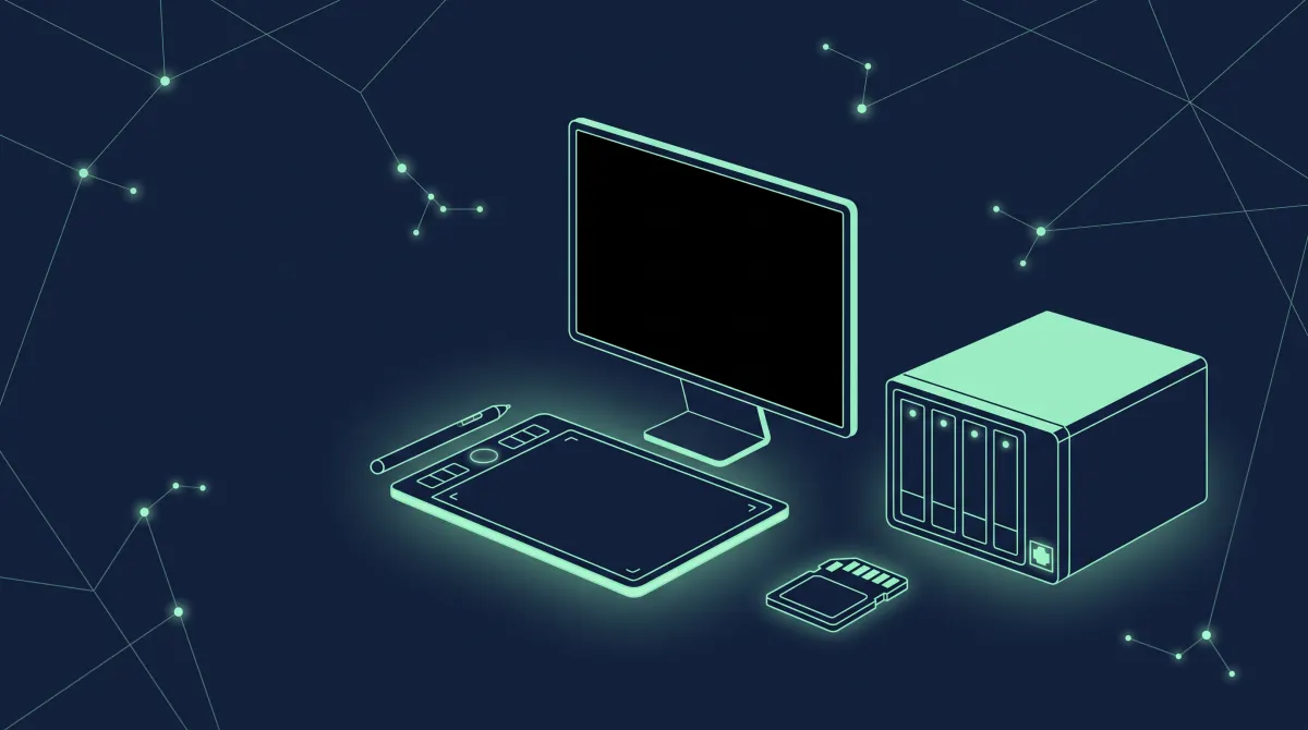 Illustration (mit KI erstellt): Grafiktablett mit Stift, Monitor und NAS mit mehreren Laufwerksschächten, davor eine Speicherkarte