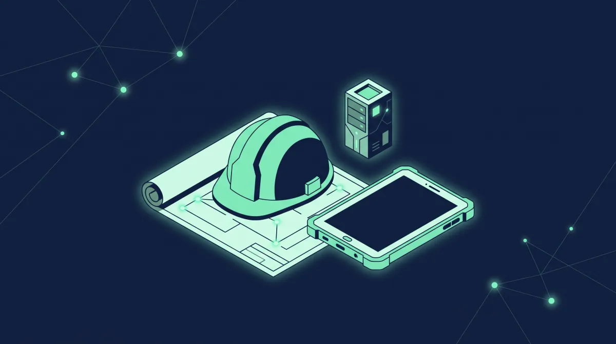 Illustration (mit KI erstellt): Bauhelm auf einem zusammengerollten Plan, daneben ein robustes Tablet, im Hintergrund ein kleiner Server