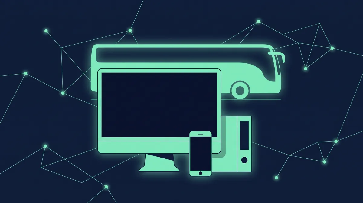 Illustration (mit KI erstellt): Monitor, Smartphone und Aktenordner, im Hintergrund die Silhouette eines Busses