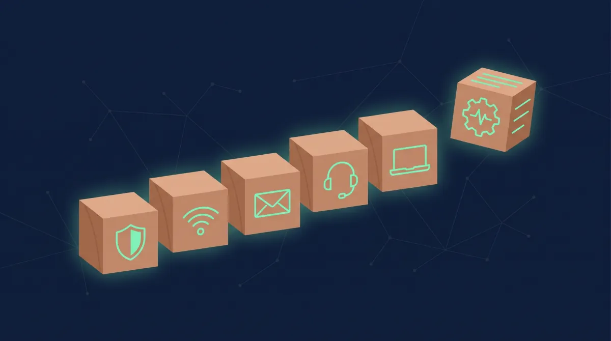 Illustration (mit KI erstellt): Sechs Bausteine mit Symbolen für IT-Sicherheit, Netzwerk, E-Mail, Telefonie, Arbeitsplätze und Betreuung