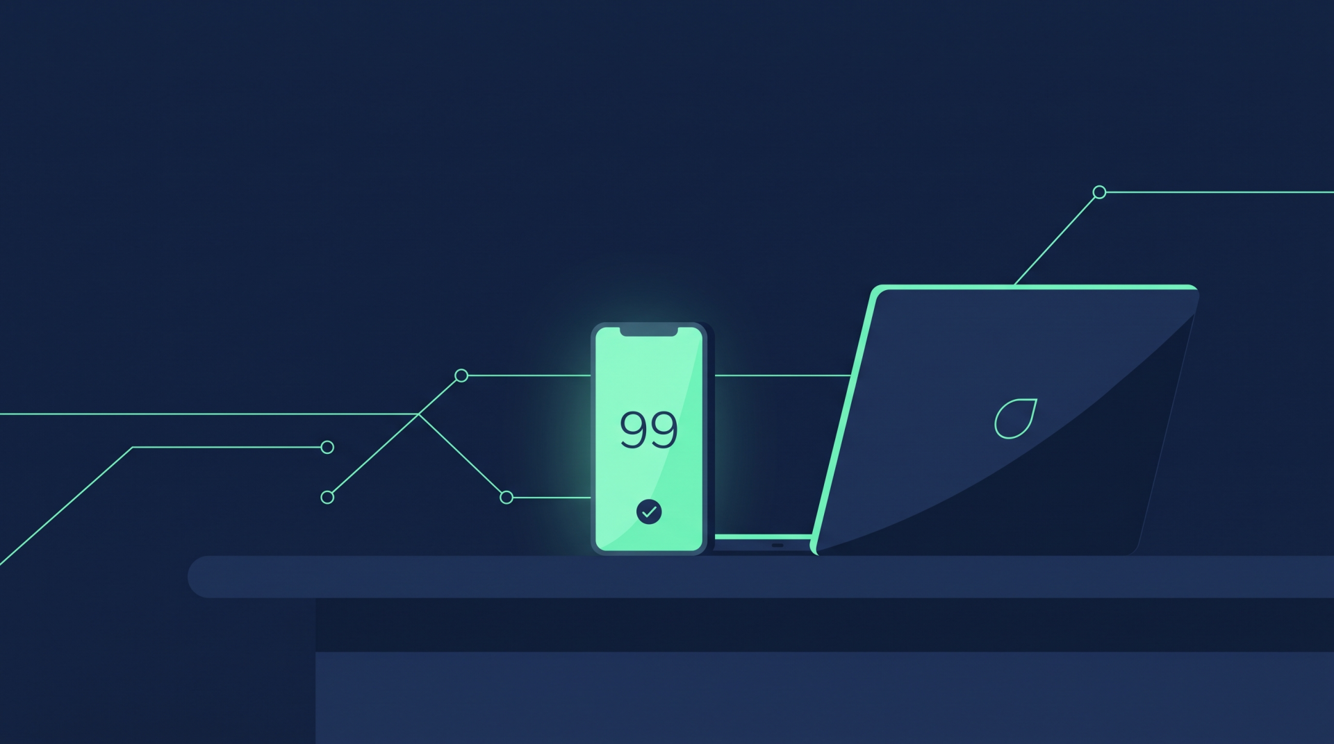 Illustration (mit KI erstellt): Smartphone mit Bestätigungszahl neben einem Laptop
