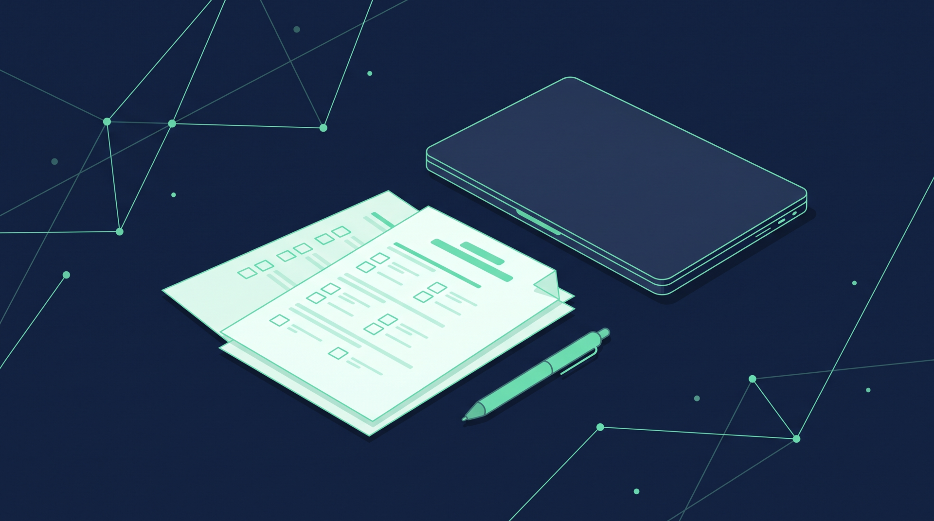 Illustration (mit KI erstellt): Fragebogen mit Kästchen, Stift und Laptop auf einem Schreibtisch