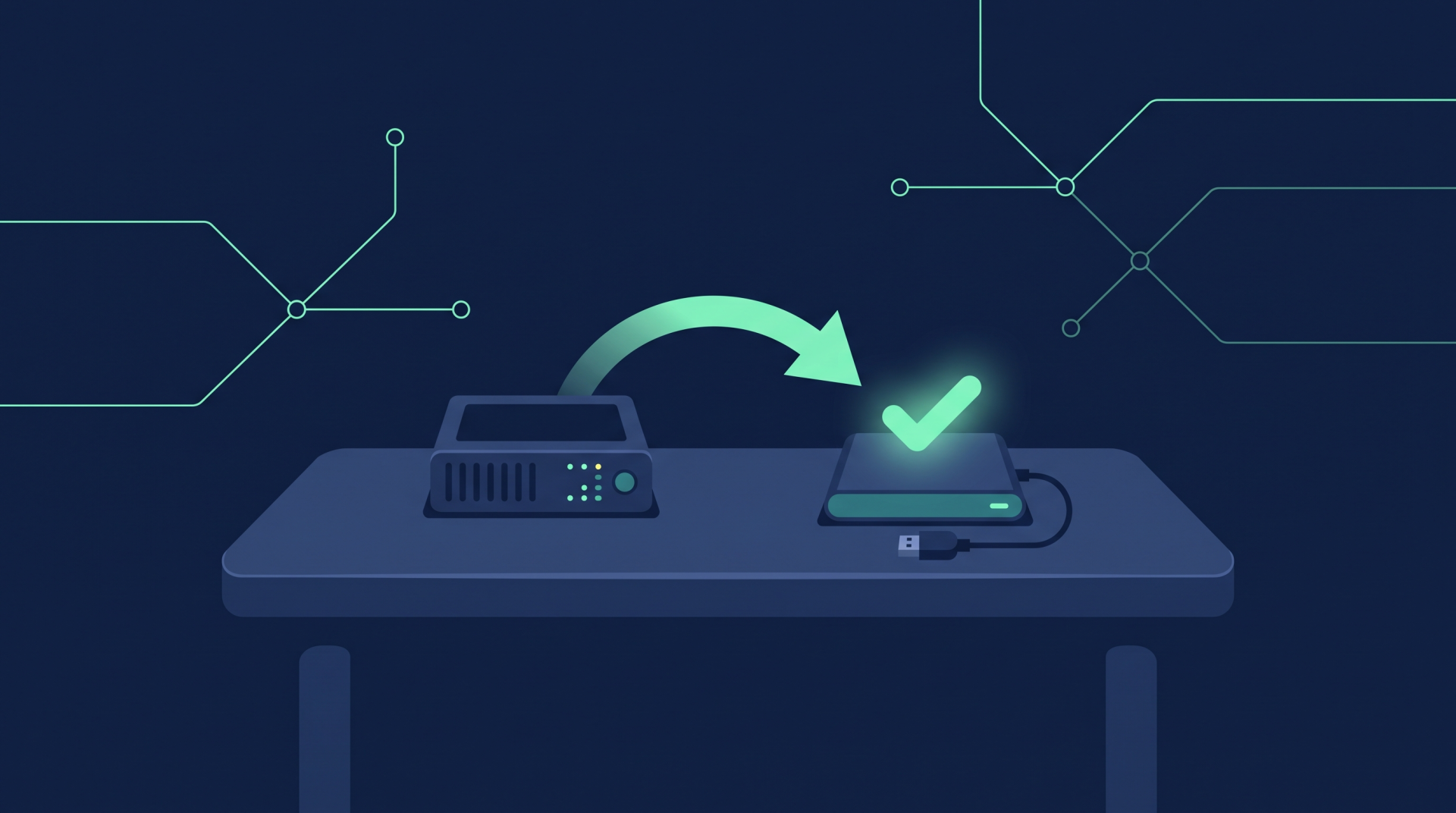 Illustration (mit KI erstellt): Server und externe Festplatte, dazwischen ein Pfeil für die Wiederherstellung