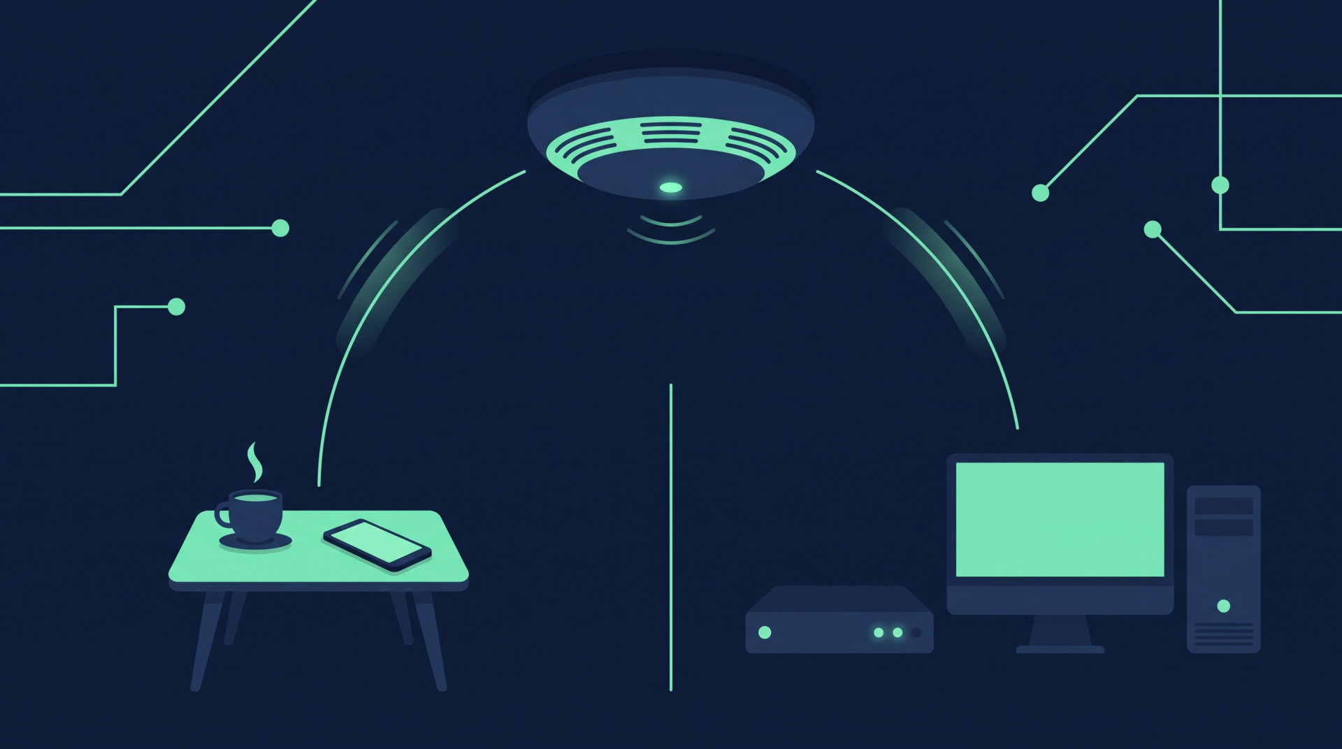 Illustration (mit KI erstellt): WLAN-Zugangspunkt mit zwei getrennten Signalen, eines zum Gästebereich mit Smartphone, eines zum Büro mit Server und Rechner