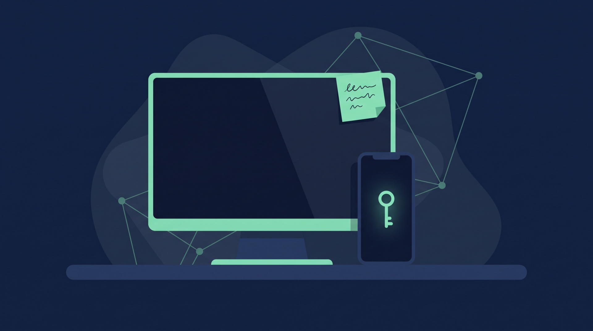 Illustration (mit KI erstellt): Haftnotiz am Monitor neben einem Smartphone mit Schlüsselsymbol