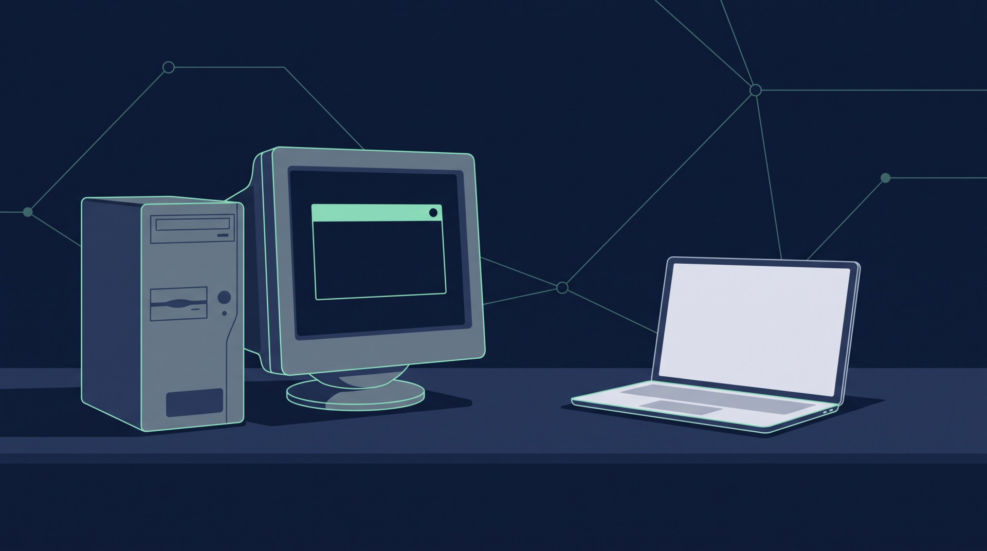 Illustration (mit KI erstellt): Älterer Bürorechner mit Monitor neben einem modernen Notebook