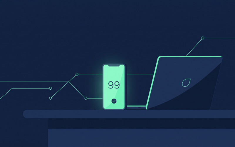 Illustration (mit KI erstellt): Smartphone mit Bestätigungszahl neben einem Laptop