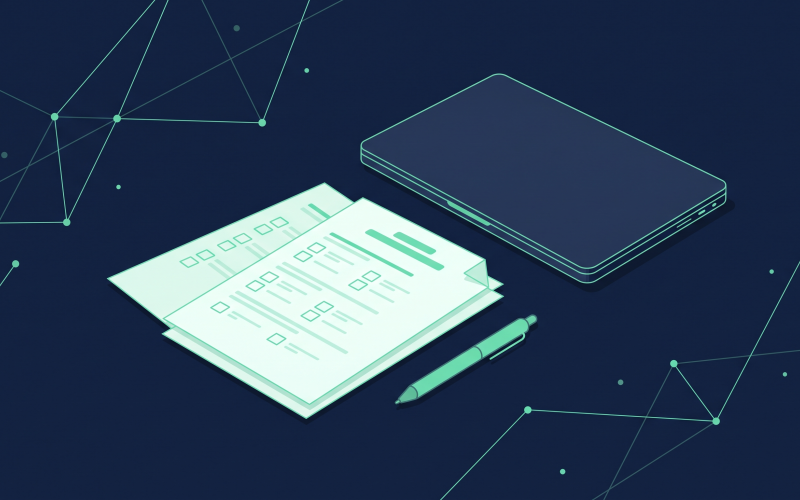 Illustration (mit KI erstellt): Fragebogen mit Kästchen, Stift und Laptop auf einem Schreibtisch