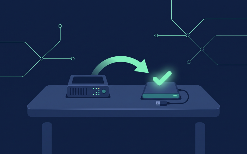 Illustration (mit KI erstellt): Server und externe Festplatte, dazwischen ein Pfeil für die Wiederherstellung