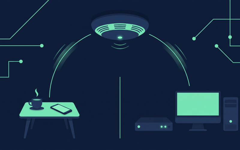 Illustration (mit KI erstellt): WLAN-Zugangspunkt mit zwei getrennten Signalen, eines zum Gästebereich mit Smartphone, eines zum Büro mit Server und Rechner