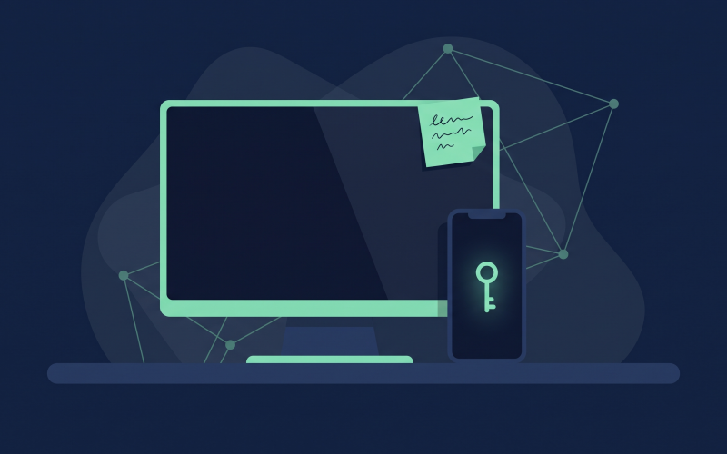 Illustration (mit KI erstellt): Haftnotiz am Monitor neben einem Smartphone mit Schlüsselsymbol