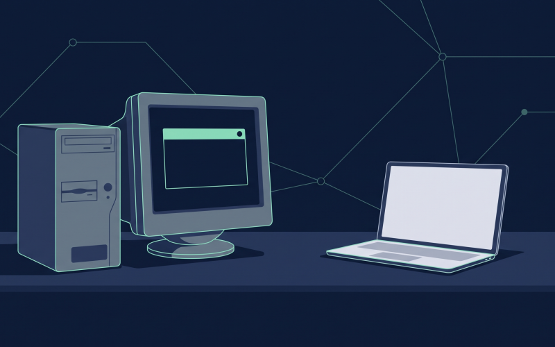 Illustration (mit KI erstellt): Älterer Bürorechner mit Monitor neben einem modernen Notebook